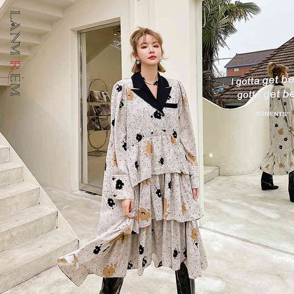

women print irregular layers ruffles dress notched puff sleeve loose fit fashion tide spring autumn 2f0194 210507, Black;gray