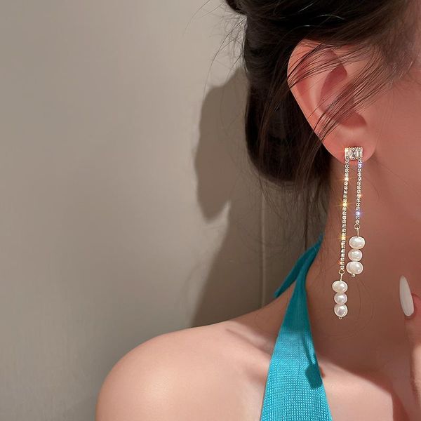 

dangle & chandelier 2021 trend imitation pearl tassel earrings women's fashion long white round pendant wedding jewelry, Silver