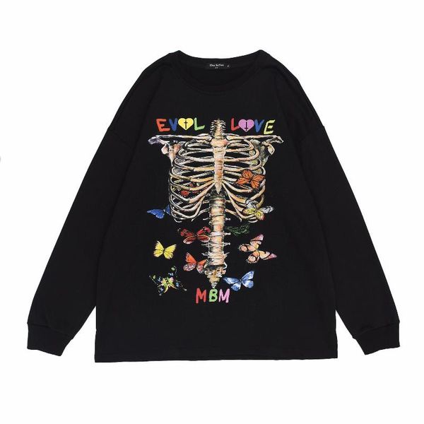 

men's hoodies & sweatshirts 2021 stylish butterfly skeleton print punk men hip hop pullover long sleeve cotton tshirts vintage clothes, Black