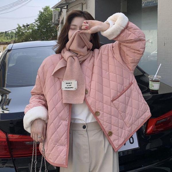 

women's jackets preppy style casual cotton coat women autumn and winter loose thick warm lamb wool pink jacket, Black;brown