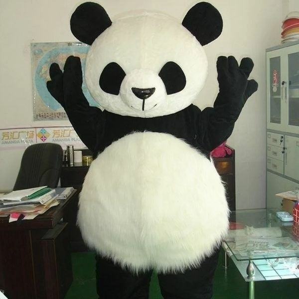 Costumi della mascotte del panda dei capelli lunghi Gioco Formato adulto Fatto a mano Personaggio dei cartoni animati Corpo e regalo della mascotte spaccato della testa