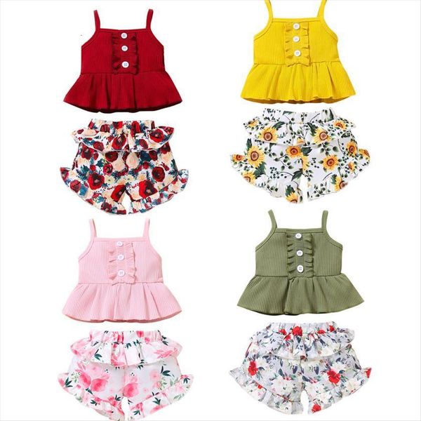 

0 3y summer baby girls clothes sets 2pcs ruffles strapless vest flowers printed shorts 4 colors, White