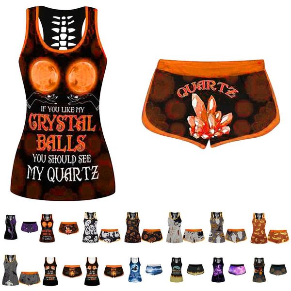 

women's tracksuits european and american fashion halloween 3d digital print ladies vest set two piece shorts printed loungewear, Gray