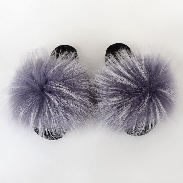 

natural color raccoon fur slides women fur bedroom slippers, Black