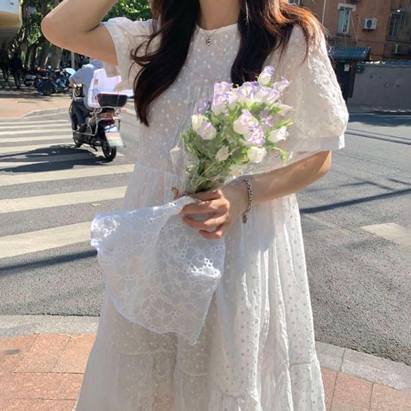 

casual dresses dress women clothesfrench round neck cut out lace hook loose medium length bubble sleeve platycodon grandif 2fp4, Black;gray