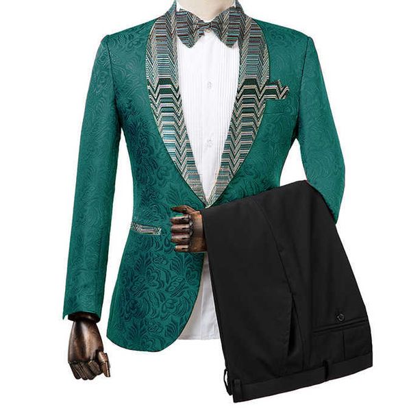 Gwenhwyfar Teal Green Pattern Giacca Pantaloni neri Alta qualità Nuovo stile Abito da sposa Sposo Blazer Party Prom Smoking X0909