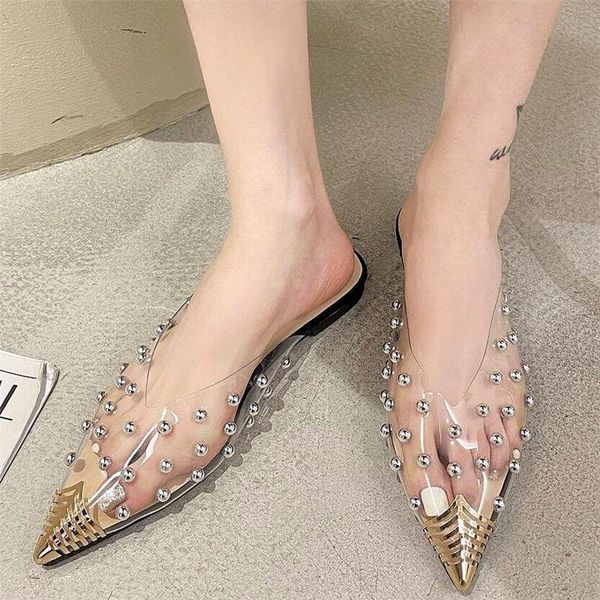 

summer woman slides flats elegance lady sandals slippers crystal slip on pointed toe women mules outdoor tangerine slipper, Black