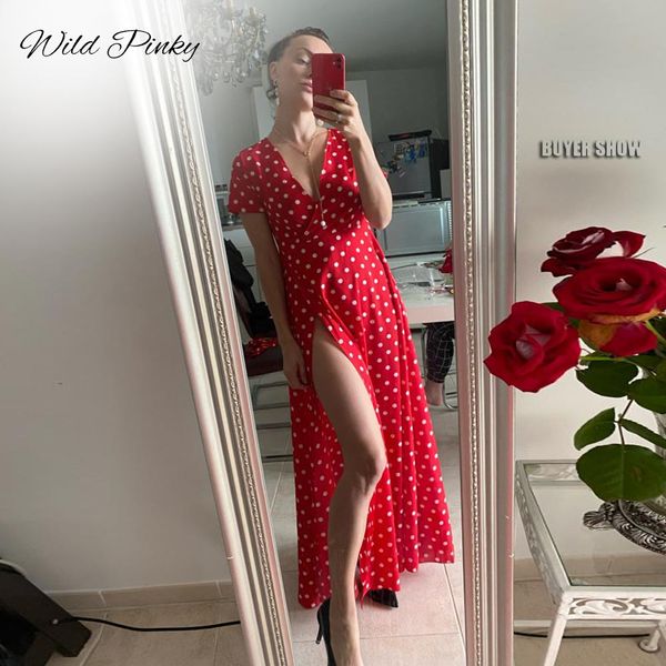 

2021wildpinky boho polka dot long dresses women split short sleeve summer casual dress 2021 streetwear black maxi dress vestidos, Black;gray