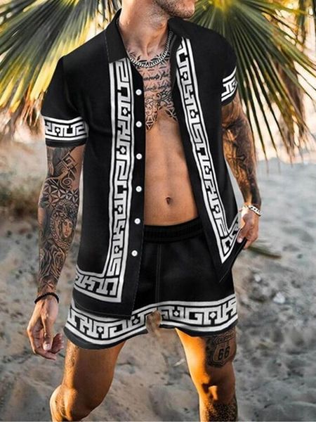 

men's tracksuits men hawaiian printing 2021summer short sleeve button shirt beach shorts streetwear mens casual wear clothes, Gray