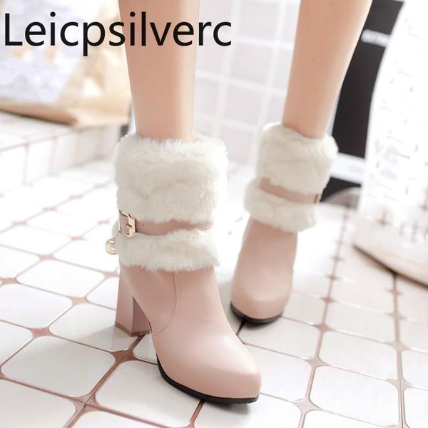 

boots women's winter fashion plush pointed zipper belt buckle thick heel high short tube shoes plus size 34-43, Black