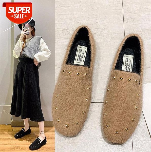 

simple retro suede shallow mouth single shoes women all-match rivet lazy peas #5d8z