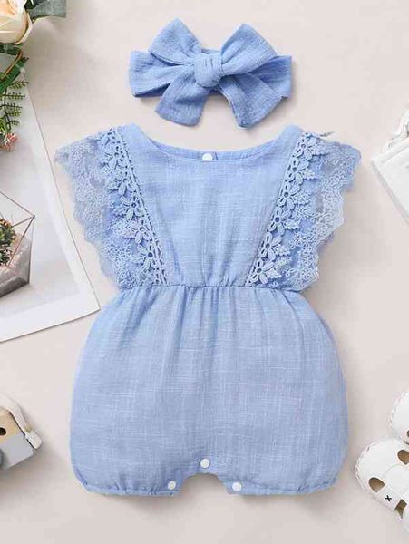 

baby guipure lace insert embroidery mesh romper with headband she, Blue
