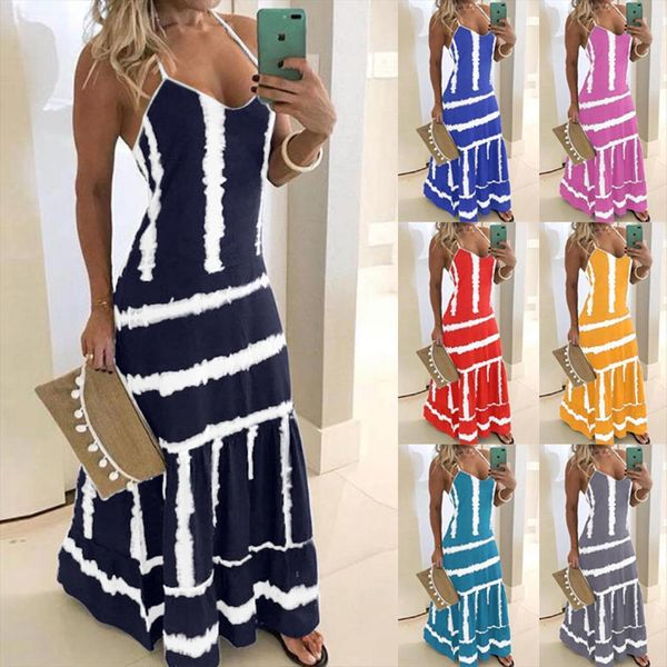 

elegent plus size striped womens dress pullover maxi boho sundress loose long slip halter summer beach dresses, Black;gray