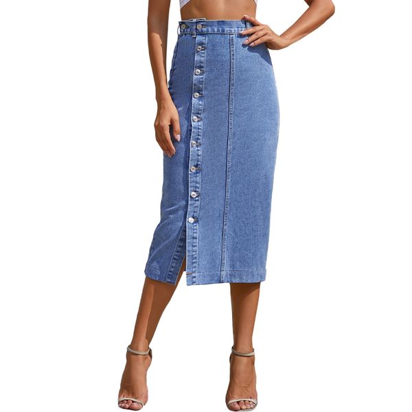 

articat high waist split midi demin skirt for woman summer korean style jeans skirts ladies blue slim button streetwear harajuku, Black