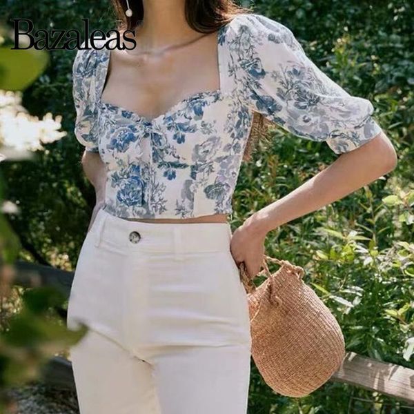 

bazaleas fashion blouse women vintage blue floral print chic half sleeve ropa mujer harajuku shirt women's blouses & shirts, White