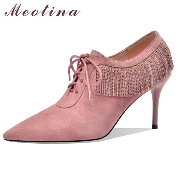 

dress shoes meotina high heels women pumps kid suede thin heel party real leather fringe pointed toe female pink size 34-40, Black