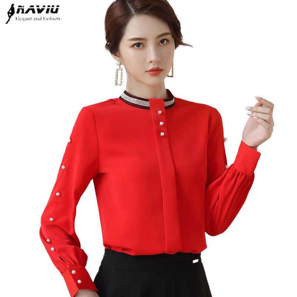 Профессиональная рубашка Женщины шифон осень с длинным рукавом красных модных стойки воротник блузка офис леди рабочие вершины 210604