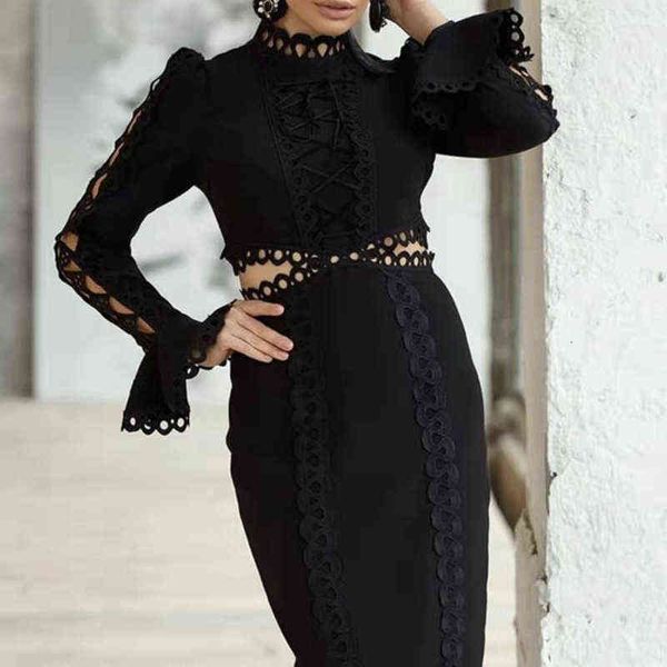 

luxury party evening dress feminine hip wrap skirt 2021 autumn hollow out trumpet sleeve open waist stitched long, Black