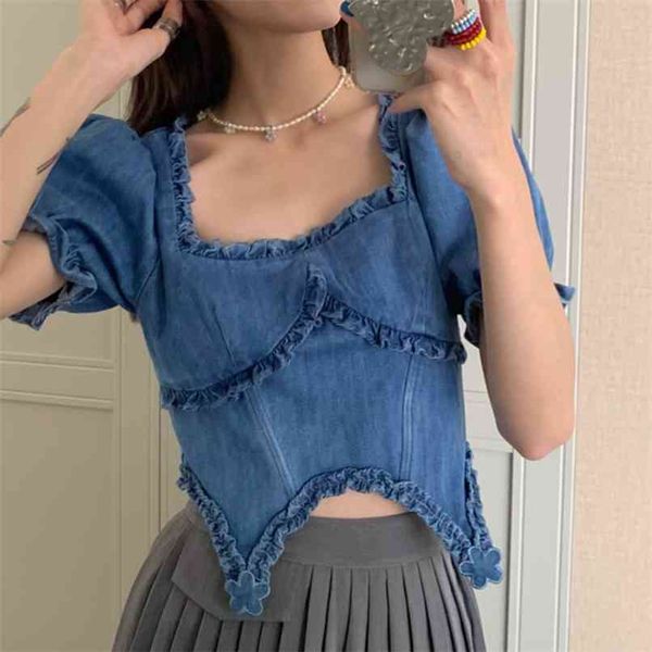 

denim shirt women short french puff sleeve square collar summer design sense niche irregular 210529, White