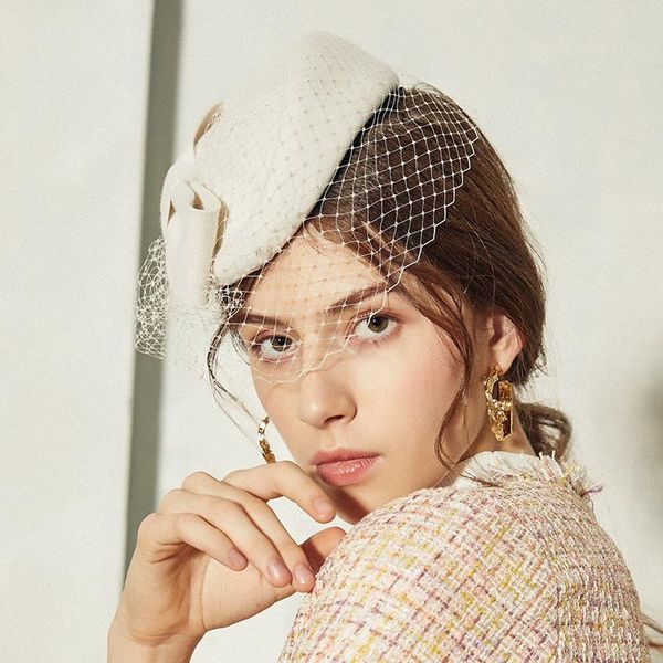 

berets british hat autumn korean winter wool tweed hair accessories fashion beret french camel elegant stewardess veil, Blue;gray