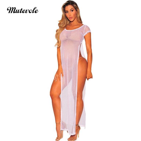 

mutevole summer mesh see through cover up dress women transparent long beach wear high split night club women's swimwear, White;black