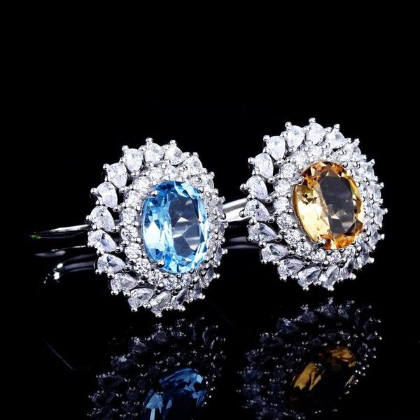 Eheringe Mode Luxus Natürlicher Topas Für Frauen Gelb Blau Exquisite Zirkon Strass Kupfer Ring Damen Bankett Schmuck