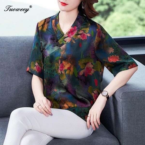 

blouse v-neck office floral print women loose women's short sleeve summer and spring blouses & shirts, White
