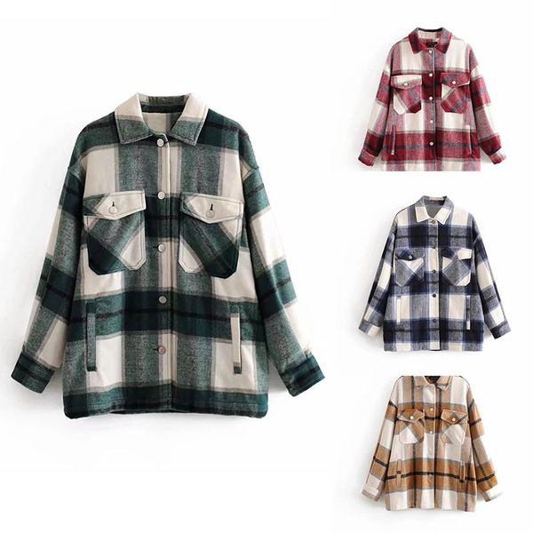 

women's wool & blends autumn winter vintage plaid jacket women fashion lapel collar oversized outerwear female elegant long sleeve pock, Black