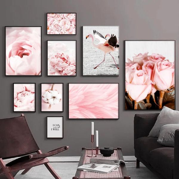 

paintings pink feather peony flower flamingo cotton wall art canvas painting nordic posters and prints pictures for living room decor