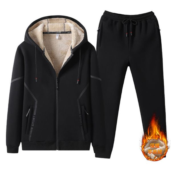 

set winter thickened warm lamb cashmere large plush leisure men's sports suit two piece set, Gray