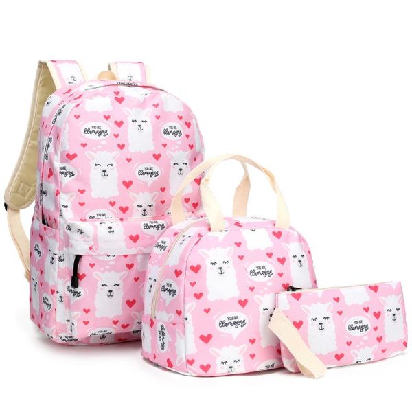 

backpack alpaca 3pcs sets backpack+meal pack+pencil case printing school canvas student teenage bags mini travel women for girls