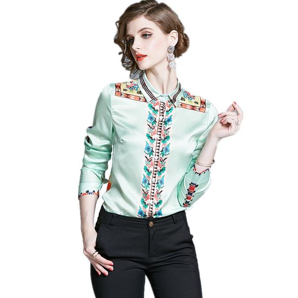 

women's blouses & shirts 2021 arrival spring autumn women long sleeve blouse fashion retro flowers print runway shirt casual, White