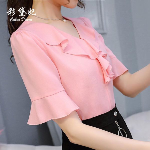 

women's blouses & shirts ladies spring and autumn -selling solid color v-neck ruffled pullover chiffon shirt casual loose wild sweet s, White