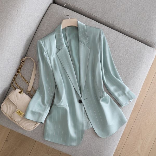 

luxury ets gao dingfeng bright silk stripe triacetic acid summer 7 / 4 sleeve mint green suit coat thin women's drape feeling, Black;brown