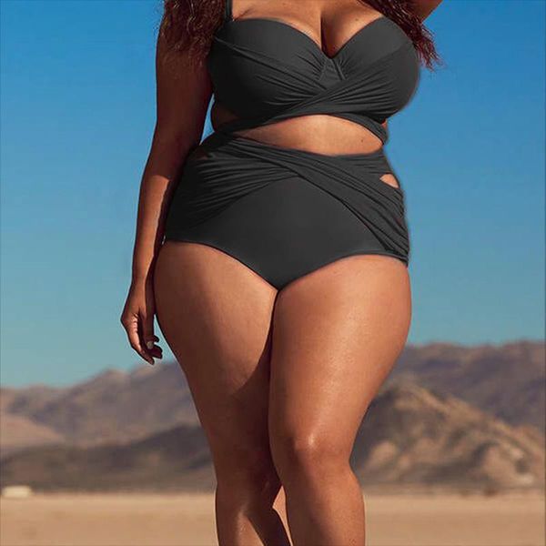 

one-piece suits 2021 large size solid color split swimsuit explosion high waist european and american summer outdoor beach swimwear