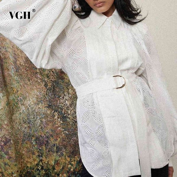 

vgh white minimalist shirt for women lapel long sleeve high waist sashes hollow out blouse female fashion clothing stylish 210421