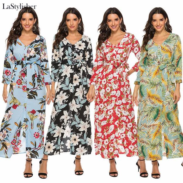 

casual dresses flower printed womens maxi dress long sleeve beach floral v neck sashes women boho split elegant ladies, Black;gray