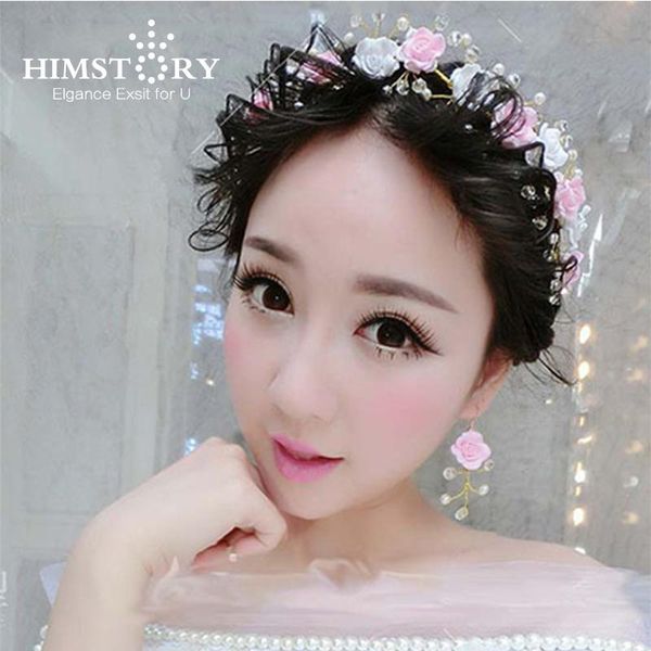 

hair clips & barrettes himstory fresh sweet white pink resin flower crystal accessory earring set marriage wedding beaded handmade accessori, Golden;silver