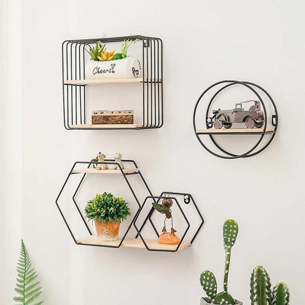 

nordic wall mounted hanging decorative shelves iron hexagonal round square grid rack storage holder modern decoration shelf other home decor