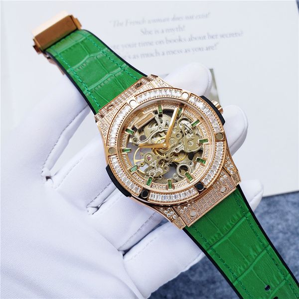 

men mechanical watch stainless steel automatic movement watches sports mens self-wind wristwatches green leather belt fashion hollow wristwa, Slivery;brown