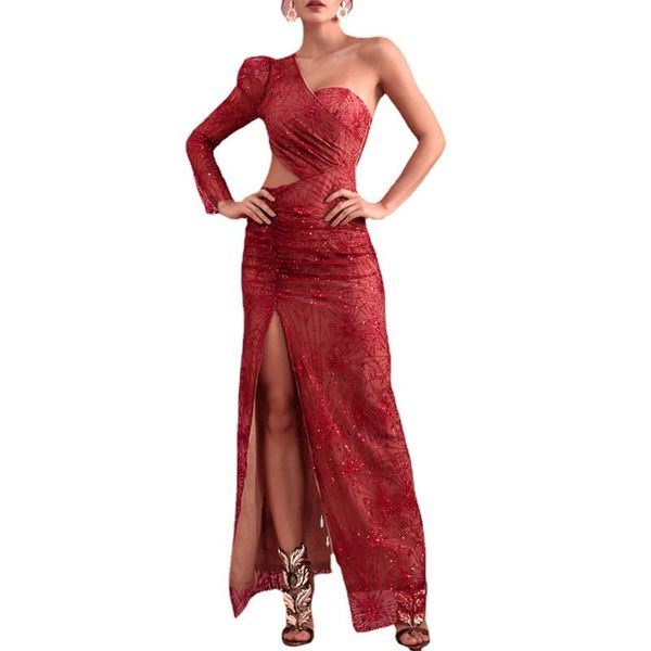 

casual dresses one shoulders cut out and with split lattice glitter glued material maxi dress, Black;gray