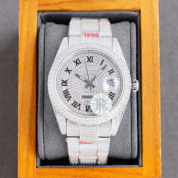 

full diamond mens watch 40mm automatic mechanical watches diamonds bezel strap fashion business wristwatch classic for men wristwatches gift, Slivery;brown