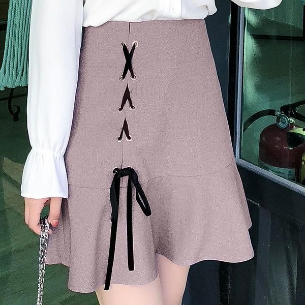 

skirts plus size autumn sweet women skirt high waist lace up bow ruffles buttocks casual slim female 2021 oversize, Black
