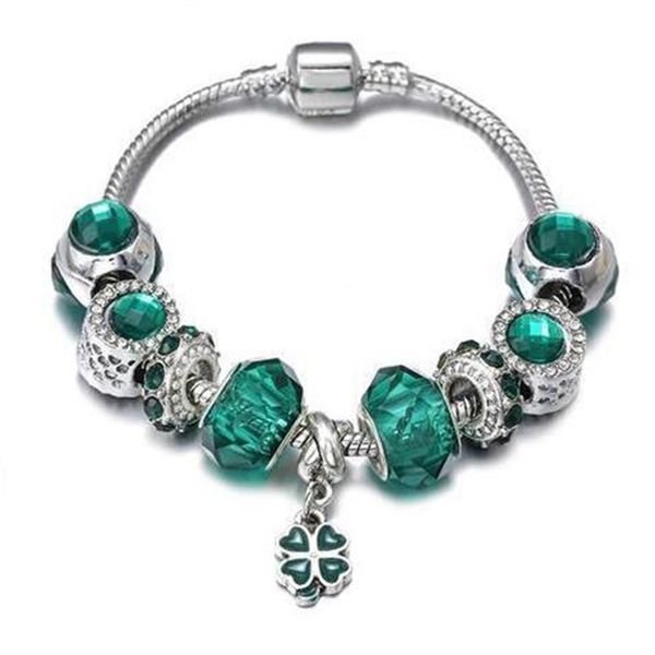 

925 sterling silver bead charm four leave clover enamel charms dangle cat's eye stone pendant beads fits european charms bracelets safe, Golden;silver