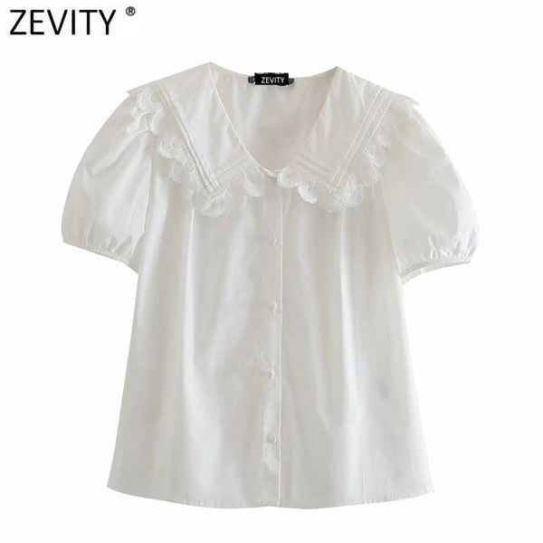 

women sweet lace stitch big turn down collar casual smock blouse female short sleeve poplin shirt chic blusas ls9261 210420, White