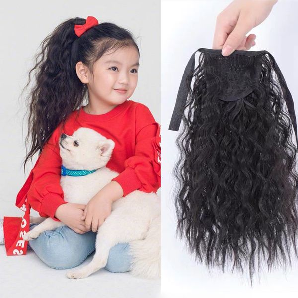 

children's strapped long corn perm wool curly horsetail wig women's hair, Black