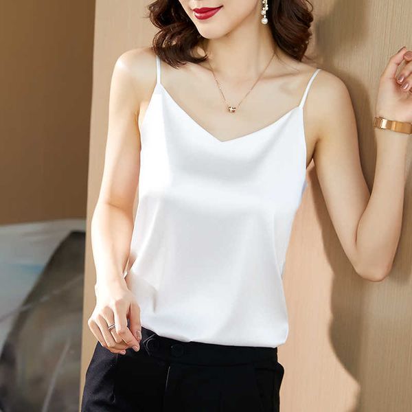 

korean silk women woman satin blouses sleeveless shirts v-neck blouse shirt plus size 4xl 210604, White