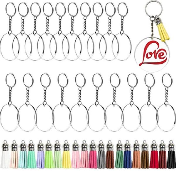 20 Stück/Lot Acryl-Schlüsselanhänger-Rohlinge, transparent, rund, durchsichtig, Kreise, Metall, geteilte Schlüsselanhänger-Ringe mit Leder-Quasten-Anhänger für Heimwerker und Handwerk im Großhandel