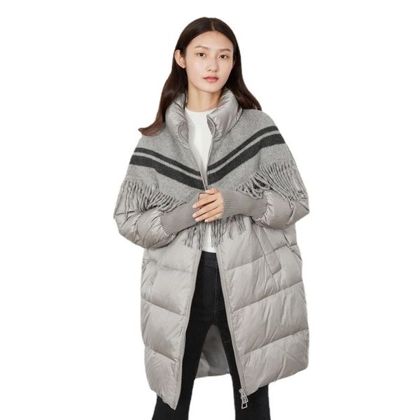 

women's jackets 2021 winter vintage art casual mid-length stand-up collar tie jacket white duck down coat, Black;brown