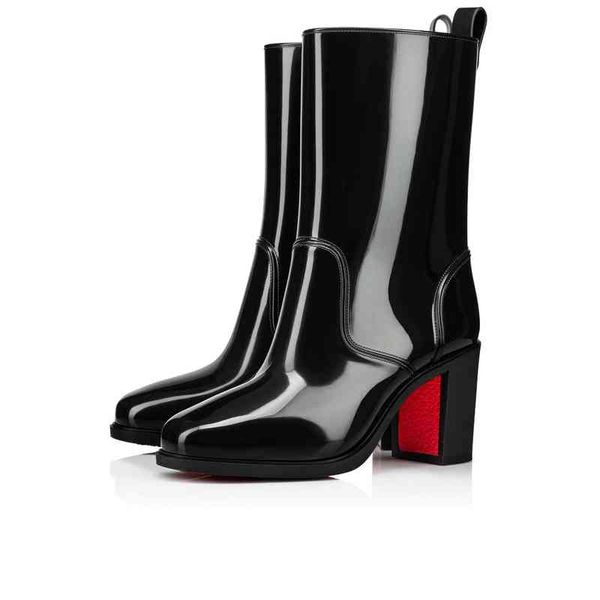 

women snow/rainy shoe ankle boot black patent leather pvc waterproof red bottom shoes loubirain 70mmpvc recycle calf blacks white red-soled